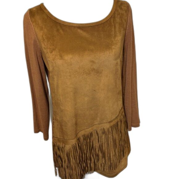 INC International Concepts Women's Faux Tan Suede Fringe Sweater - Picture 2 of 7
